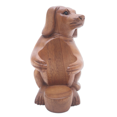 Wood wine bottle holder, 'Puppy Hug' - Handcrafted Suar Wood Dog Wine Holder
