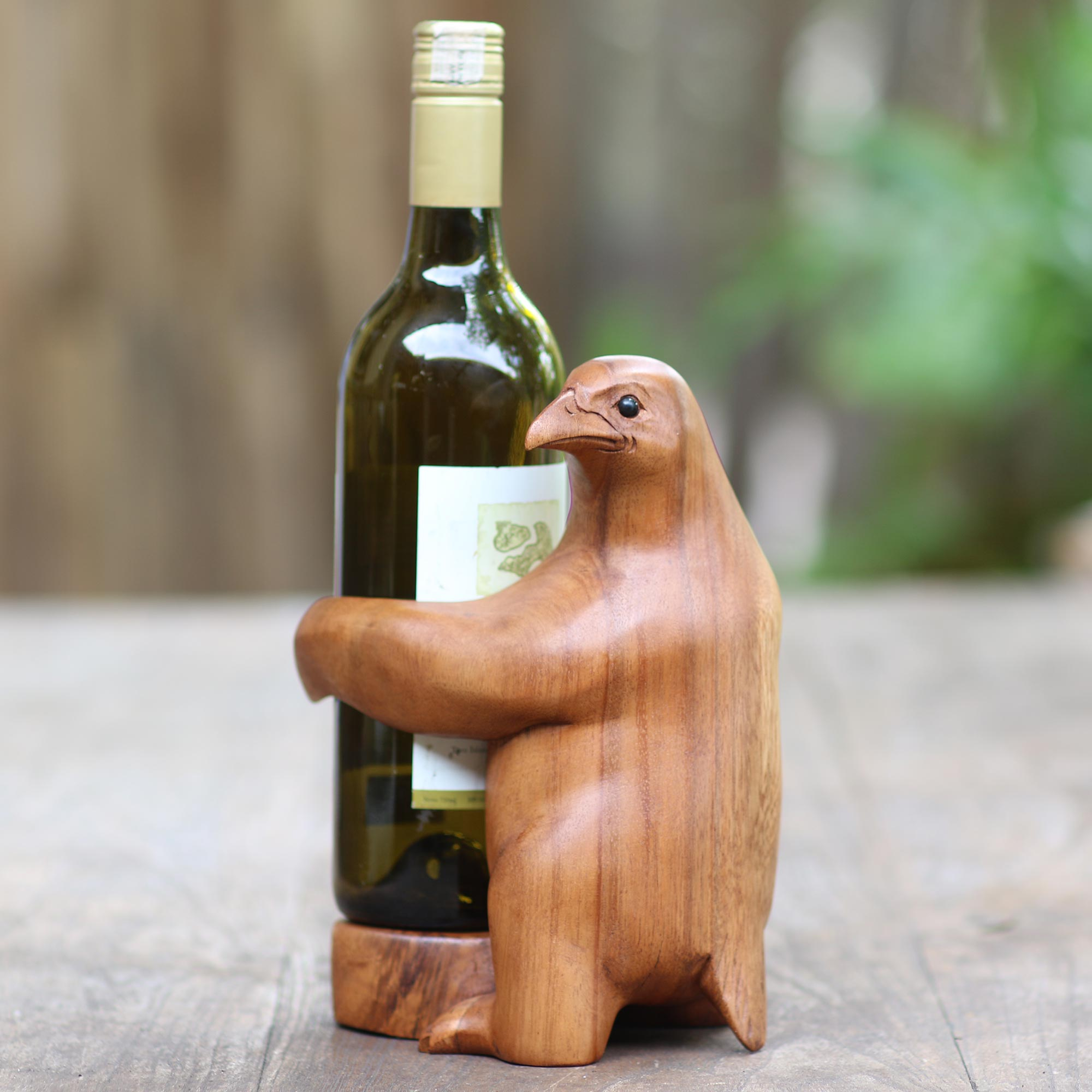 Artisan Made Suar Wood Bird Wine Holder - Bird Hug