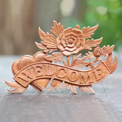 Wood wall sign, 'Welcoming Rose' - Hand Carved Suar Wood Welcome Sign