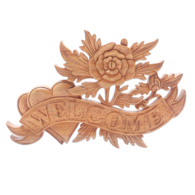 Wood wall sign, 'Welcoming Rose' - Hand Carved Suar Wood Welcome Sign
