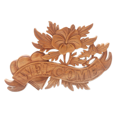 Wood wall sign, 'Flower Welcome' - Hand Made Suar Wood Wall Sign