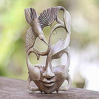 Wood mask, 'Woman in the Forest' - Hibiscus Wood Bird-Themed Mask