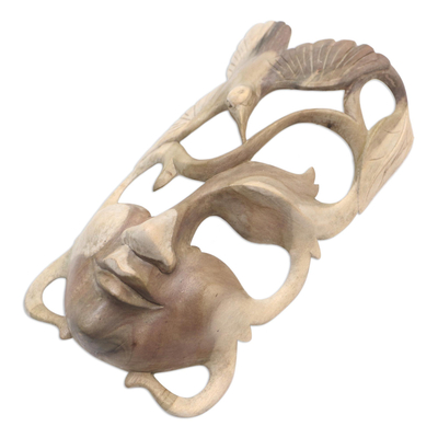 Wood mask, 'Woman in the Forest' - Hibiscus Wood Bird-Themed Mask