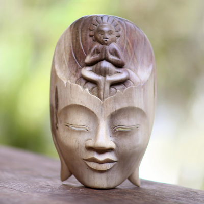 Wood mask, 'Meditation Center' - Balinese Hibiscus Wood Meditation Mask