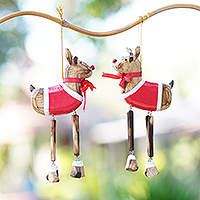 Wood holiday ornaments, 'Rudolf' (pair) - Albesia Wood Holiday Reindeer Ornaments (Pair)