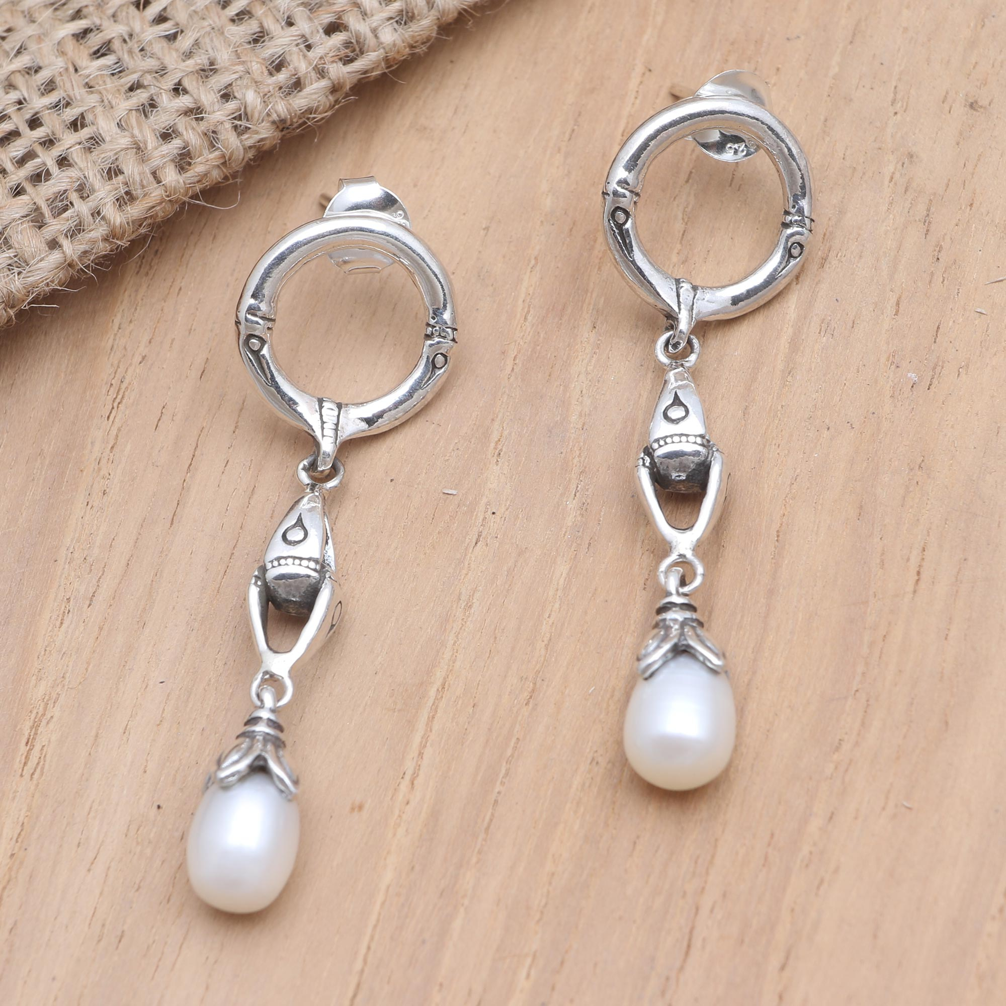 Sterling Silver and Cultured Pearl Dangle Earrings, 'Right Direction'