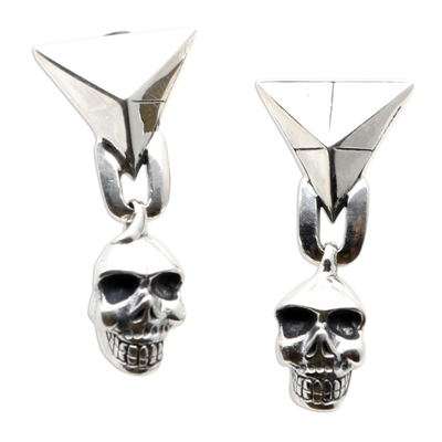 Sterling silver dangle earrings, 'Burning Skull' - Handmade Sterling Silver Skull Dangle Earrings