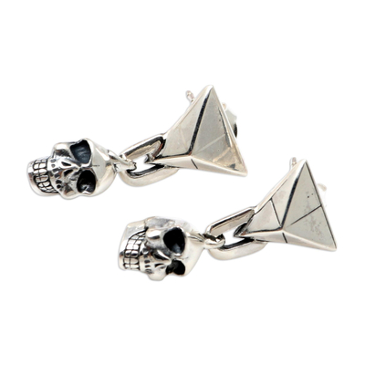 Sterling silver dangle earrings, 'Burning Skull' - Handmade Sterling Silver Skull Dangle Earrings