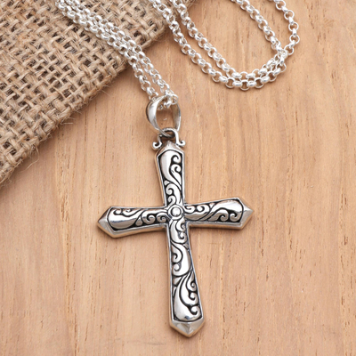 Sterling Silber Anhänger Halskette, 'Crafted Cross' - Unisex Sterling Silber Anhänger Kreuz Halskette