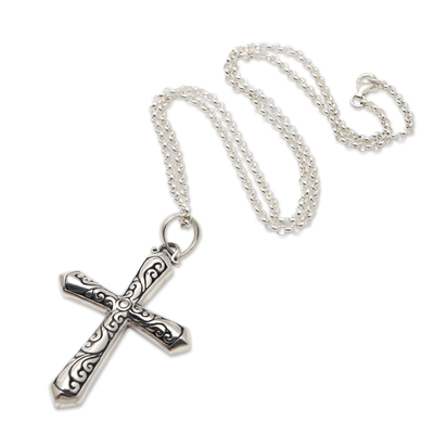 Sterling silver pendant necklace, 'Crafted Cross' - Unisex Sterling Silver Pendant Cross Necklace