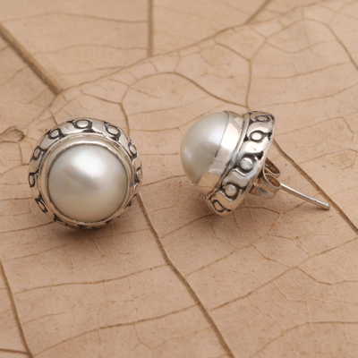 Cultured pearl button earrings, 'Great Women' - Cultured Pearl and Sterling Silver Button Earrings