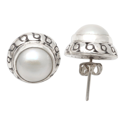 Cultured pearl button earrings, 'Great Women' - Cultured Pearl and Sterling Silver Button Earrings