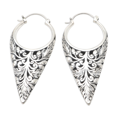 Sterling silver half-hoop earrings, 'Balinese Temple' - Handmade Sterling Silver Half-Hoop Earrings