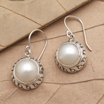Cultured pearl earrings, 'White Sea' - Cultured Pearl and Sterling Silver Dangle Earrings