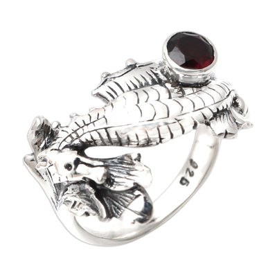 Garnet and Sterling Silver Seahorse Ring