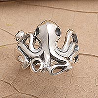 Anillo de cóctel de plata de ley, 'Octopus Friend' - Anillo de pulpo de plata de ley hecho a mano