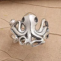 Anillo de cóctel de plata de ley, 'Octopus Friend' - Anillo de pulpo de plata de ley hecho a mano