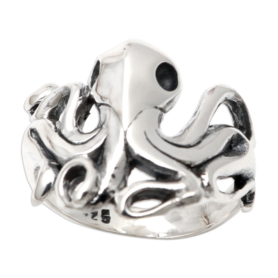 Sterling silver cocktail ring, 'Octopus Friend' - Hand Made Sterling Silver Octopus Ring
