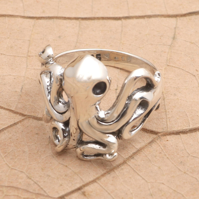 Sterling silver cocktail ring, 'Octopus Friend' - Hand Made Sterling Silver Octopus Ring