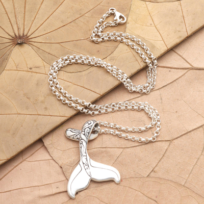 Sterling silver pendant necklace, 'Swim Away' - Sterling Silver Whale Tail Pendant Necklace