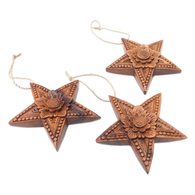 Wood ornaments, 'Star Blooms' (set of 3) - Hand Carved Star-Shaped Holiday Ornaments (Set of 3