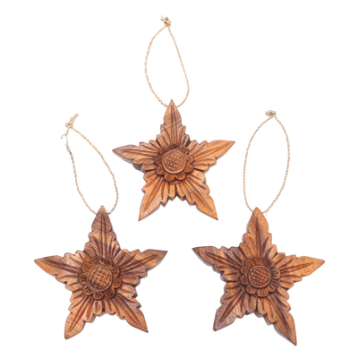 Wood ornaments, 'Star Flower' (set of 3) - Hand Made Floral Holiday Ornaments (Set of 3)