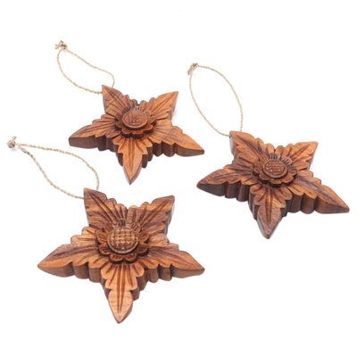 Wood ornaments, 'Star Flower' (set of 3) - Hand Made Floral Holiday Ornaments (Set of 3)