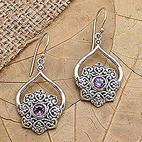 Amethyst dangle earrings, 'February Flower' - Handmade Amethyst and Sterling Silver Dangle Earrings