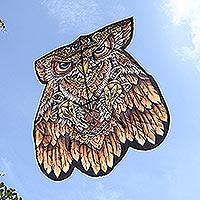 Hand-painted nylon kite, 'Windy Day in Brown' - Hand-Painted Nylon Owl Kite