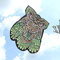 Hand-painted nylon kite, 'Windy Day in Green' - Hand Crafted Nylon Owl Kite