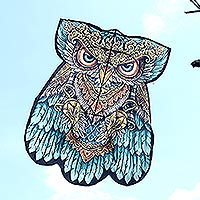 Hand-painted nylon kite, 'Windy Day in Blue' - Hand Made Nylon Owl Kite