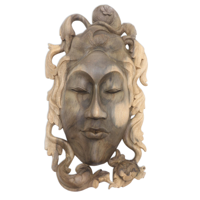 Wood mask, 'Queen of the Jungle' - Hand Carved Hibiscus Wood Mask