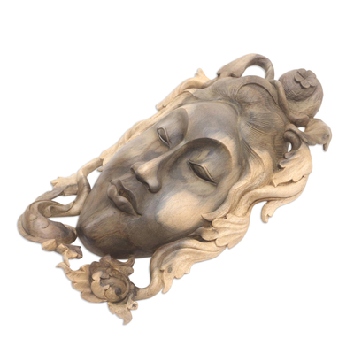 Wood mask, 'Queen of the Jungle' - Hand Carved Hibiscus Wood Mask