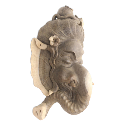 Wood mask, 'Ganesha's Hermitage' - Ganesha-Themed Hibiscus Wood Wall Mask