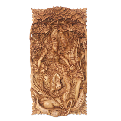 Wood relief panel, 'Legendary Love' - Hand Made Suar Wood Relief Panel