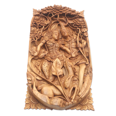 Wood relief panel, 'Legendary Love' - Hand Made Suar Wood Relief Panel