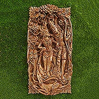 Wood relief panel, 'Love Story' - Hindu-Themed Suar Wood Relief Panel