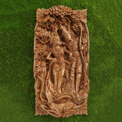 Panel en relieve de madera - Panel en relieve de madera de suar con temática hindú