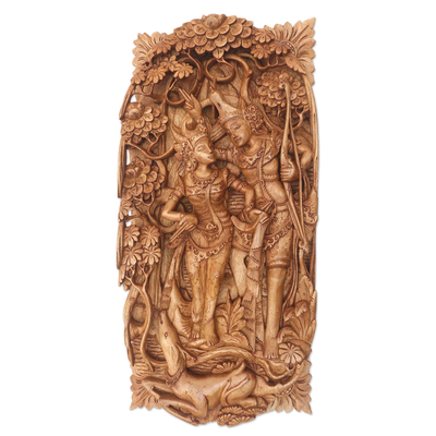 Panel en relieve de madera - Panel en relieve de madera de suar con temática hindú