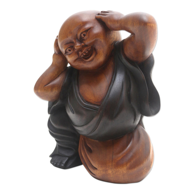 Wood sculpture, 'Laugh with Me' - Hand Carved Suar Wood Buddha Sculpture