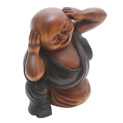 Wood sculpture, 'Laugh with Me' - Hand Carved Suar Wood Buddha Sculpture