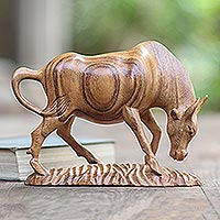 Hand Carved Suar Wood Bull Statuette,'Bull Attraction'