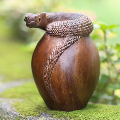 Wood statuette, 'Shedding Snake' - Hand Made Suar Wood Snake Statuette