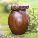 Wood statuette, 'Shedding Snake' - Hand Made Suar Wood Snake Statuette