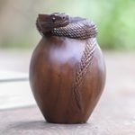 Wood statuette, 'Shedding Snake' - Hand Made Suar Wood Snake Statuette