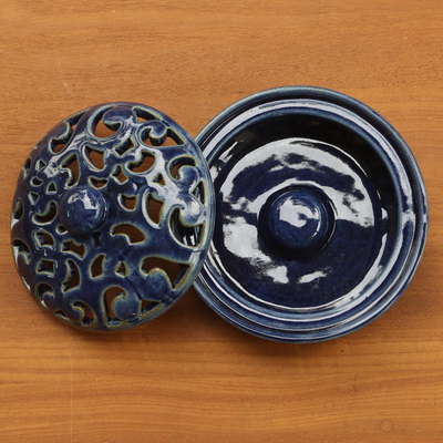 Ceramic mosquito coil holder, 'Jatiluwih Blue' - Blue Ceramic Mosquito Coil Holder