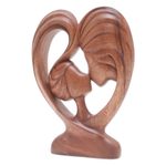 Wood statuette, 'Heart's Kiss' - Hand Carved Romantic Suar Wood Sculpture