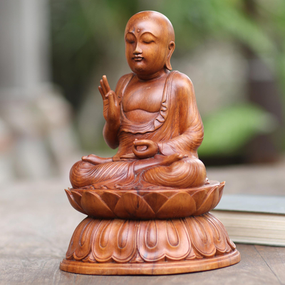 Wood sculpture, 'Meditation Lotus' - Meditating Suar Wood Buddha Sculpture