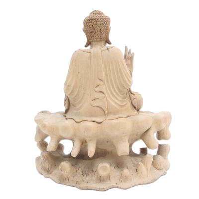 Wood sculpture, 'Blessed Buddha' - Hand Carved Hibiscus Wood Buddha Sculpture