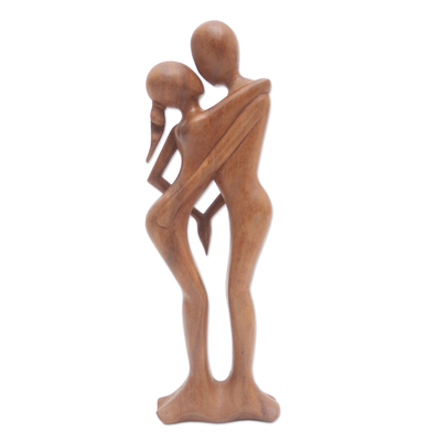 Wood statuette, 'Dancing in the Rain' - Hand Carved Romantic Suar Wood Sculpture